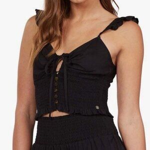NWT ROXY Light Sky Black Smocked Sleeveless Tank Crop Top XS